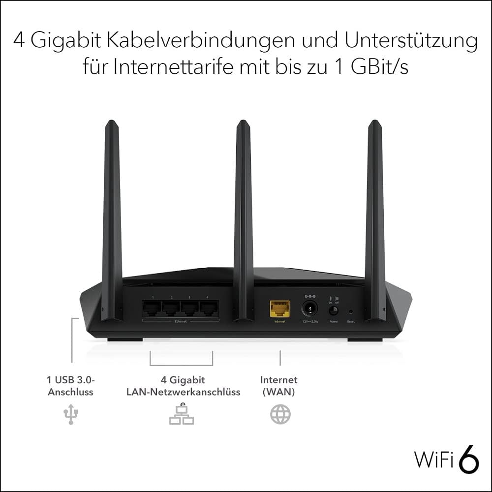 NETGEAR RAX30 WiFi 6 Router AX2400 (5 Streams mit bis zu 2,4 GBit/s, Nighthawk WLAN Router Abdeckung bis zu 125 m², Smart Roaming)