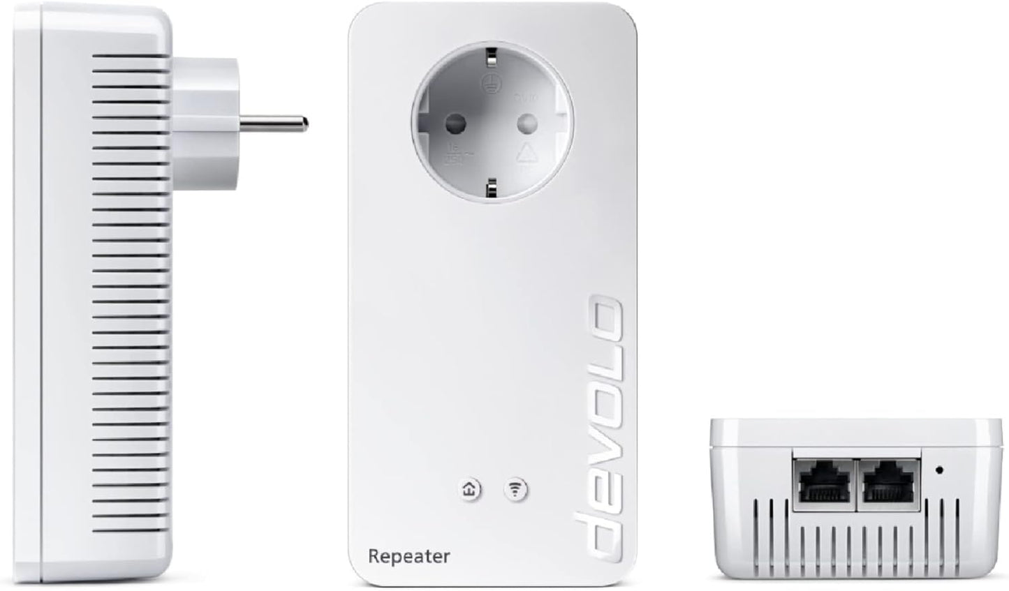 devolo 8733 WLAN Repeater, WiFi Repeater+ ac -bis zu 1.200 Mbit/s, Mesh WLAN Verstärker, Access Point, WLAN Steckdose, WiFi Extender, 2x LAN Anschluss, weiß