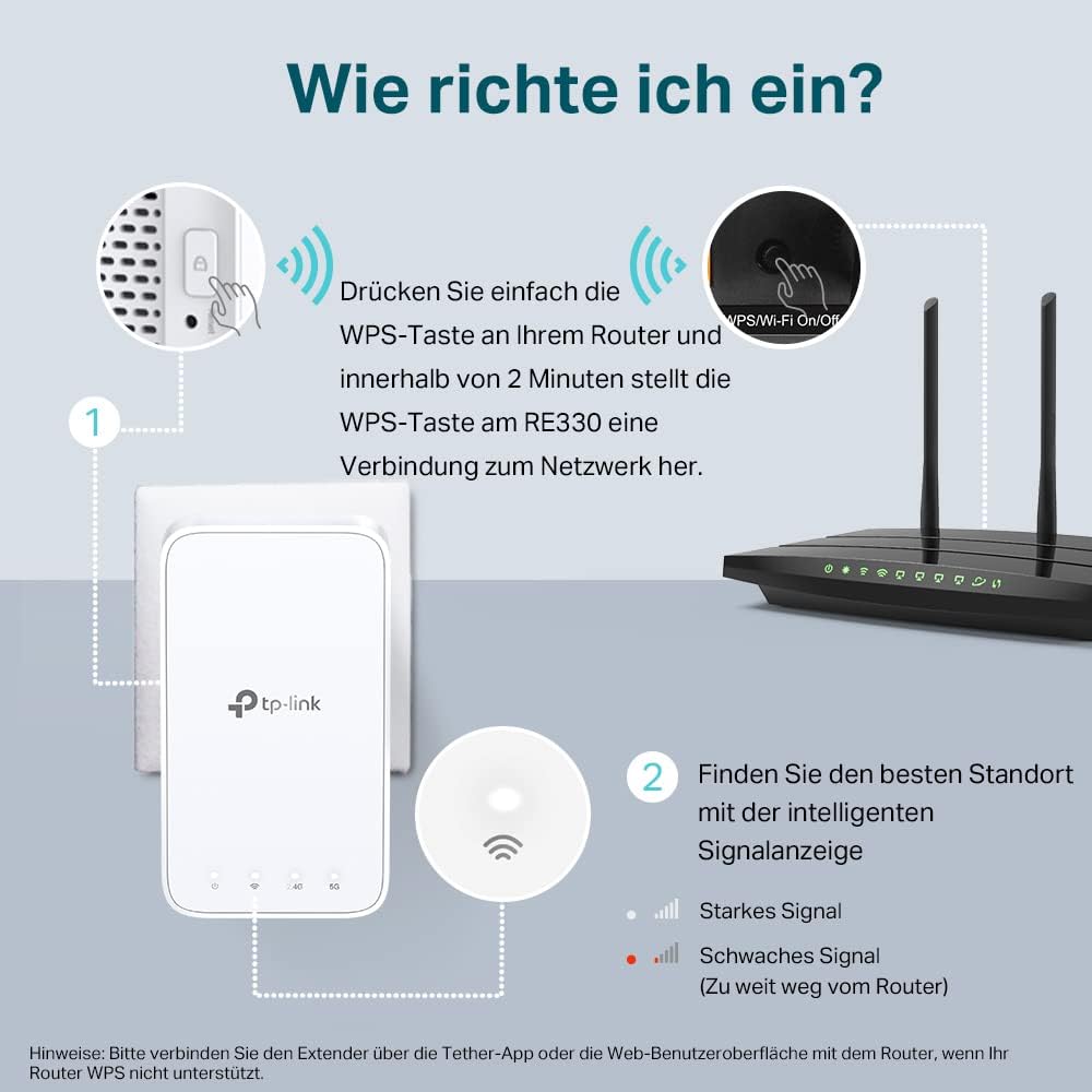 TP-Link RE330 WLAN Verstärker Repeater AC1200 (867MBit/s 5GHz + 300MBit/s 2,4GHz, WLAN Verstärker, App Steuerung, Signalstärkeanzeige, kompatibel zu allen WLAN Geräten, AP Modus)