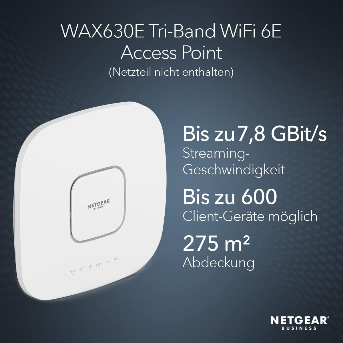 NETGEAR WAX630E WiFi 6E WLAN Access Point (AXE7800 Tri-Band, WPA3, 802.11ax Mesh-fähig, 2.5G LAN, Lokal oder Insight Remote Management, PoE++ powered - Netzteil optional)