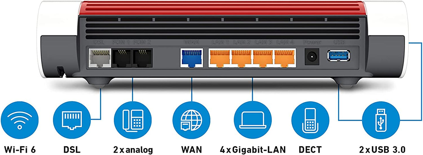 AVM FRITZ!Box 7590 AX V2 (Wi-Fi 6 Router mit 2.400 MBit/s (5GHz) & 1.200 MBit/s (2,4 GHz),bis zu 300 MBit/s mit VDSL-Supervectoring 35b,WLAN Mesh,DECT-Basis,deutschsprachige Version)