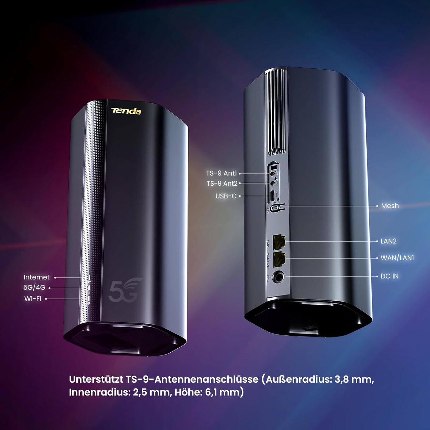 Tenda 5G03 5G NR LTE WLAN Router für Nano-SIM-Karte (AX1800 CAT19 2,4GHz: 574Mbit/s+5GHz: 1201Mbit/s, 4,67Gbps im Download) 2-Gigabit-Port, Plug & Play, Wi-Fi 6 Technologie, MU-MIMO, WPA3, Schwarz