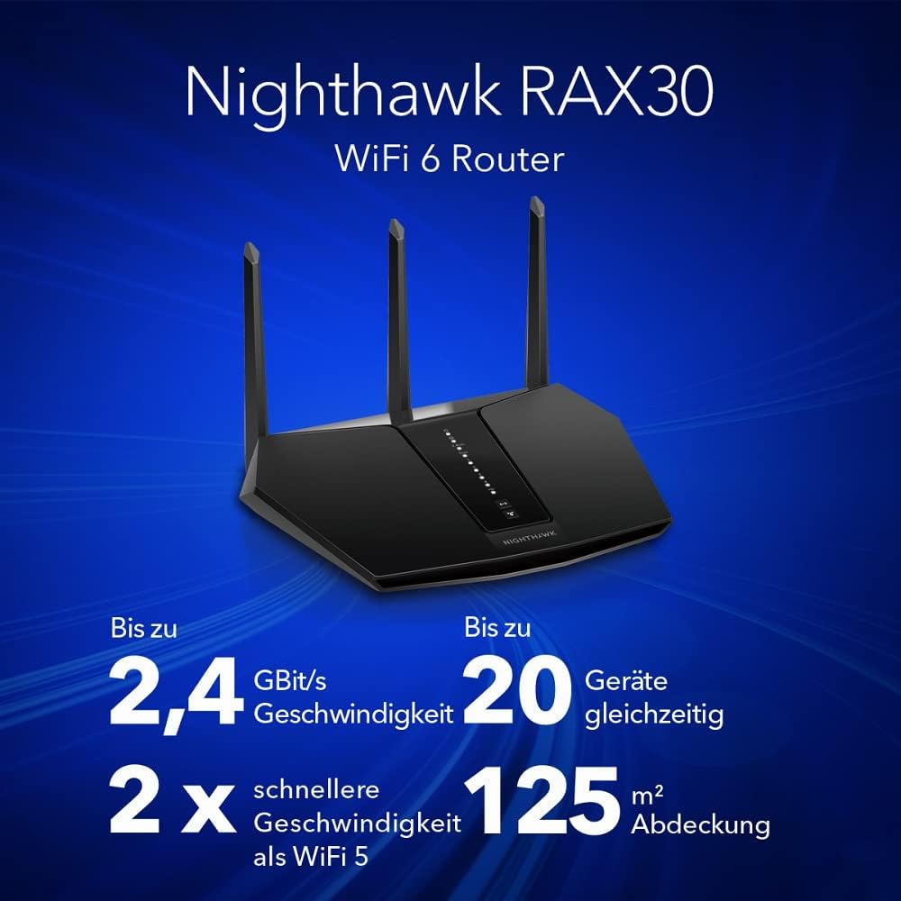 NETGEAR RAX30 WiFi 6 Router AX2400 (5 Streams mit bis zu 2,4 GBit/s, Nighthawk WLAN Router Abdeckung bis zu 125 m², Smart Roaming)