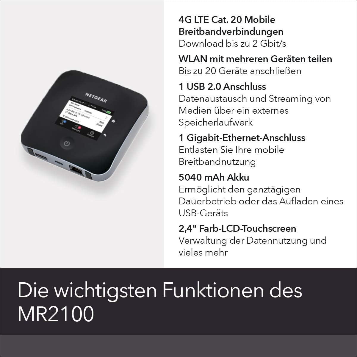NETGEAR Mobiler WLAN Router mit SIM Karte | 4G LTE | bis 2000 MBit/s Download-Speed | Hotspot für 20 Geräte | LTE Cat20 | für jede SIM-Karte freigeschaltet | Nighthawk MR2100