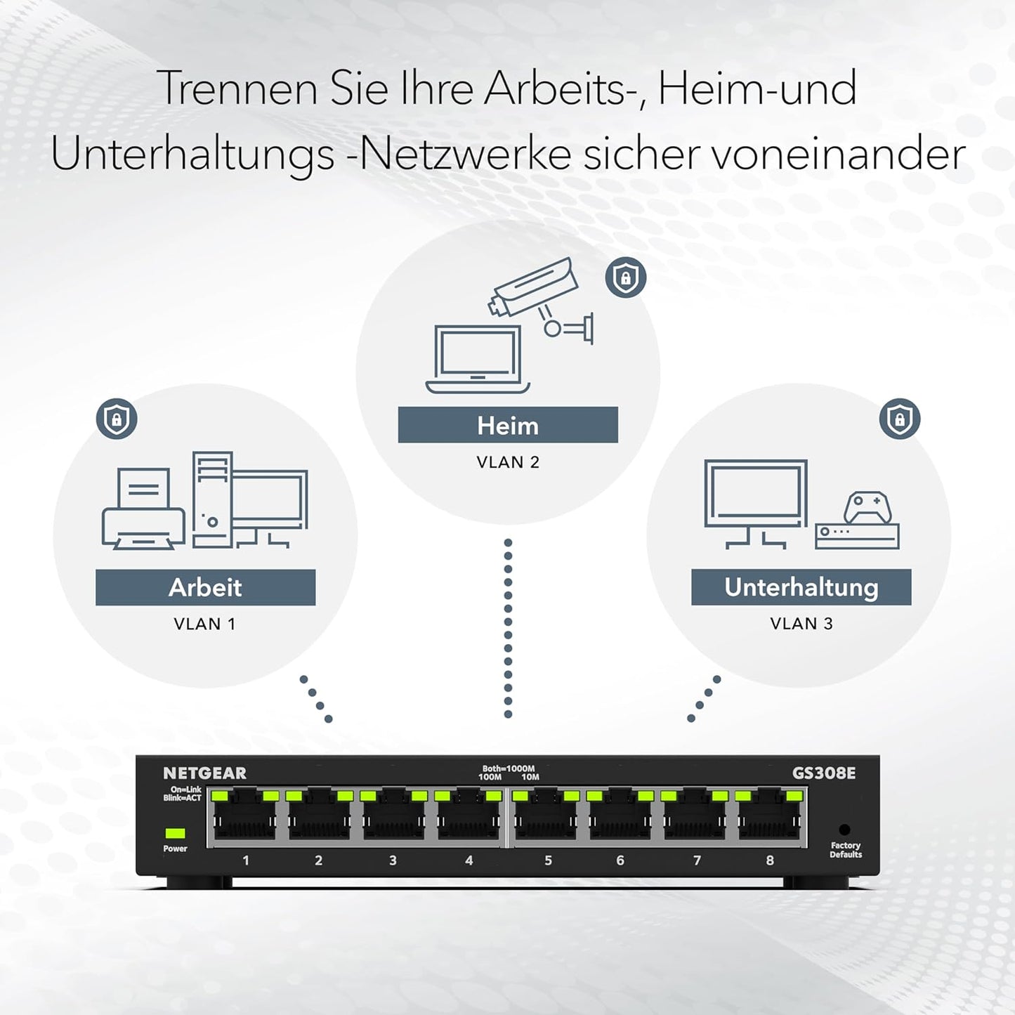 NETGEAR GS308E Managed Switch 8 Port Gigabit Ethernet LAN Switch Plus (Plug-and-Play Netzwerk Switch Managed, IGMP Snooping, QoS, VLAN, lüfterlos, robustes Metallgehäuse) Schwarz