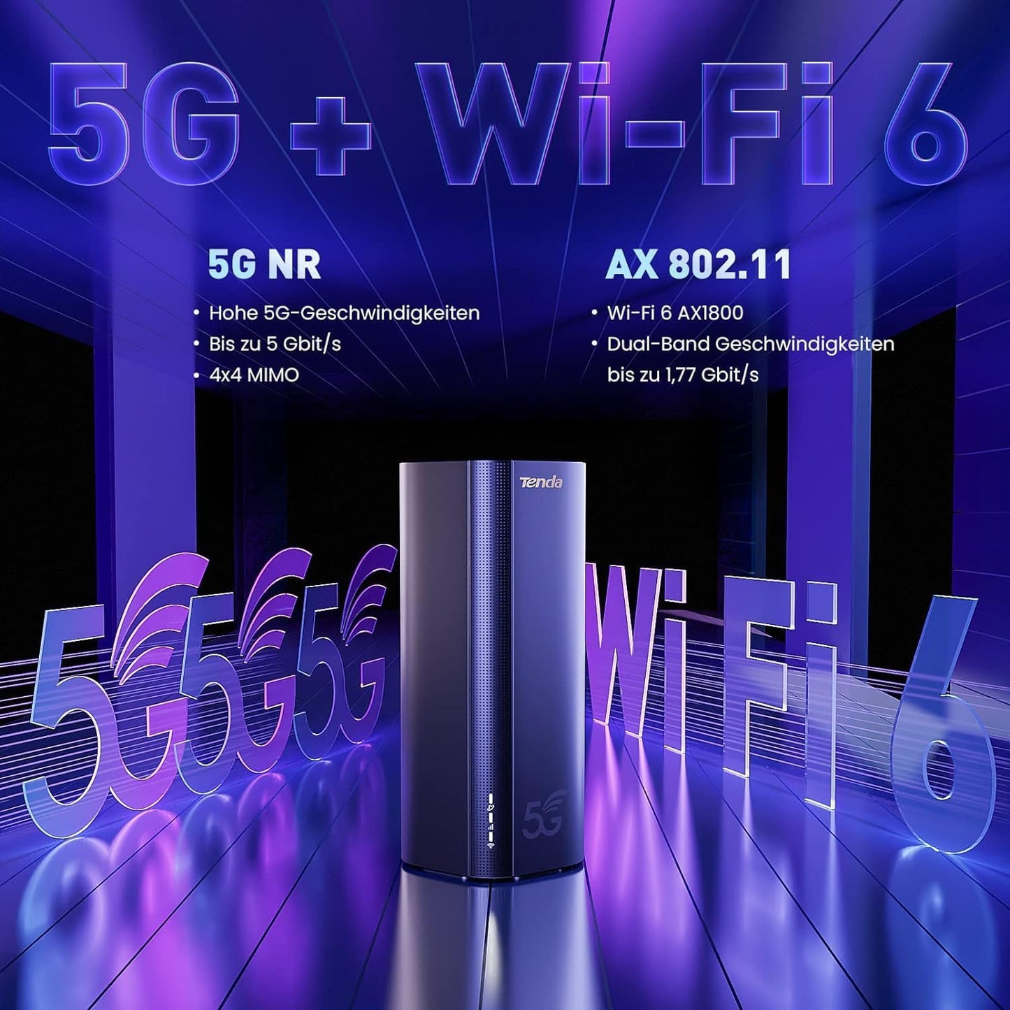 Tenda 5G03 5G NR LTE WLAN Router für Nano-SIM-Karte (AX1800 CAT19 2,4GHz: 574Mbit/s+5GHz: 1201Mbit/s, 4,67Gbps im Download) 2-Gigabit-Port, Plug & Play, Wi-Fi 6 Technologie, MU-MIMO, WPA3, Schwarz