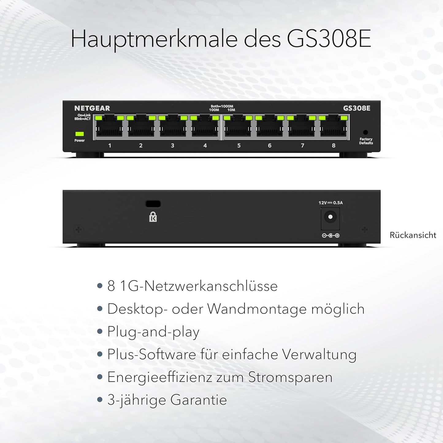 NETGEAR GS308E Managed Switch 8 Port Gigabit Ethernet LAN Switch Plus (Plug-and-Play Netzwerk Switch Managed, IGMP Snooping, QoS, VLAN, lüfterlos, robustes Metallgehäuse) Schwarz