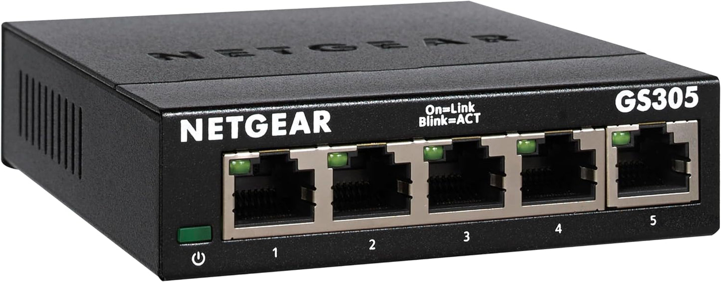 NETGEAR GS305 LAN Switch 5 Port Netzwerk Switch (Plug-and-Play Gigabit Switch LAN Splitter, LAN Verteiler, Ethernet Hub lüfterlos, robustes Metallgehäuse), Schwarz 1