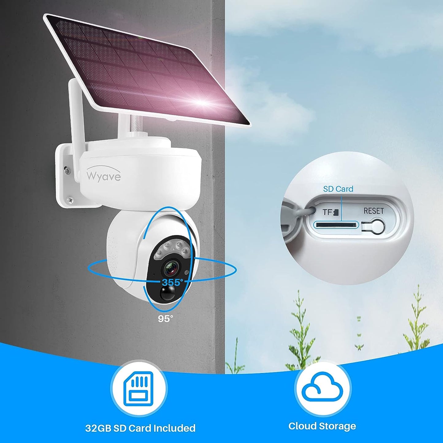 Lykus Solarbatteriebetriebene WLAN-Überwachungskamera für den Außenbereich, kabellose Wyave-Schwenk-Neige-Überwachungskamera mit/PIR-Sensor, Spotlight-Nachtsicht