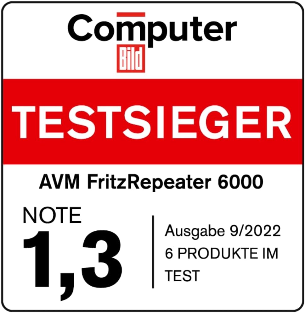 AVM FRITZ!Repeater 6000 (WiFi 6 Repeater mit drei Funkeinheiten: 5 GHz (2 x bis zu 2.400 MBit/s), 2,4 GHz (bis zu 1.200 MBit/s), 2,5-Gigabit-LAN, deutschsprachige Version)