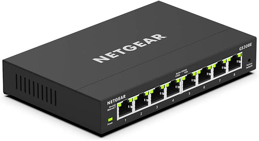 NETGEAR GS308E Managed Switch 8 Port Gigabit Ethernet LAN Switch Plus (Plug-and-Play Netzwerk Switch Managed, IGMP Snooping, QoS, VLAN, lüfterlos, robustes Metallgehäuse) Schwarz
