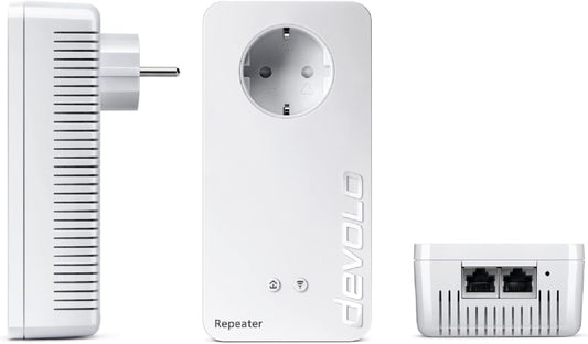 devolo 8733 WLAN Repeater, WiFi Repeater+ ac -bis zu 1.200 Mbit/s, Mesh WLAN Verstärker, Access Point, WLAN Steckdose, WiFi Extender, 2x LAN Anschluss, weiß