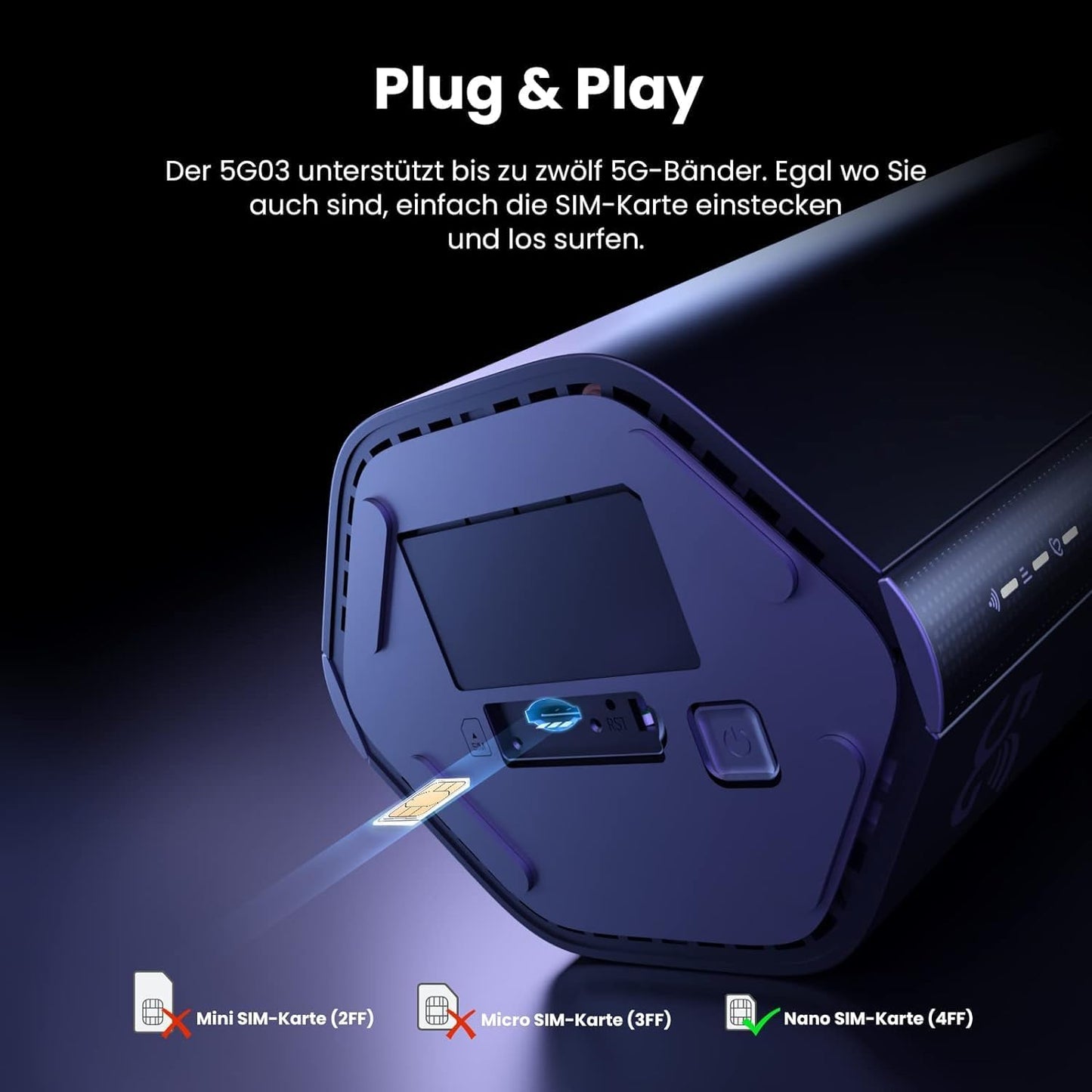 Tenda 5G03 5G NR LTE WLAN Router für Nano-SIM-Karte (AX1800 CAT19 2,4GHz: 574Mbit/s+5GHz: 1201Mbit/s, 4,67Gbps im Download) 2-Gigabit-Port, Plug & Play, Wi-Fi 6 Technologie, MU-MIMO, WPA3, Schwarz